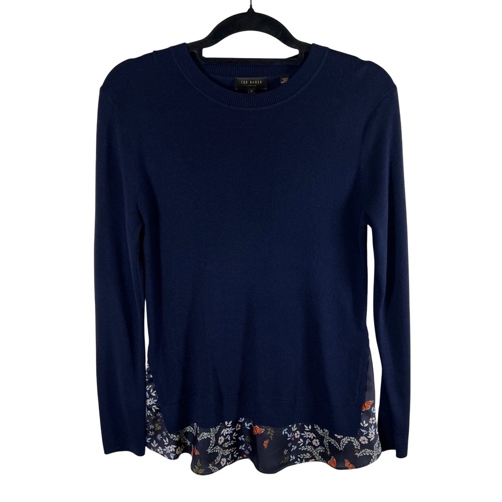 Ted Baker London Sidni Navy Blue Floral Butterfly Hem Layered Sweater 2 Cashmere